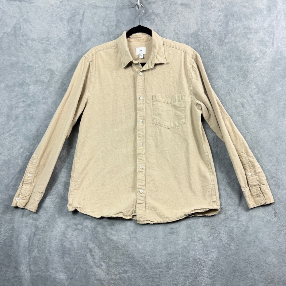 H&M Mens Medium Tan Button Down Shirt Regular Fit Cotton Khaki Boho Quiet Luxury